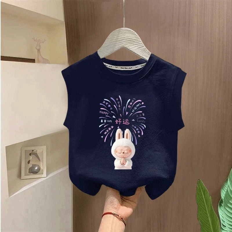 labubu儿童纯棉新款洋气女童儿童无袖T恤拉布布卡通夏季上衣背心t