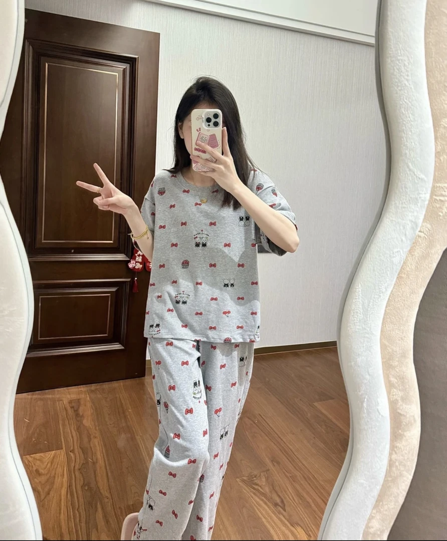 ZM 带胸垫(拍一发三)女款夏短袖长裤网红套装(花灰樱桃蝴蝶结)