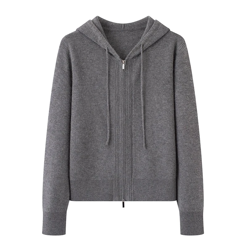 MM商场同款2025秋冬新款休闲极简风连帽拉链针织开衫女4191