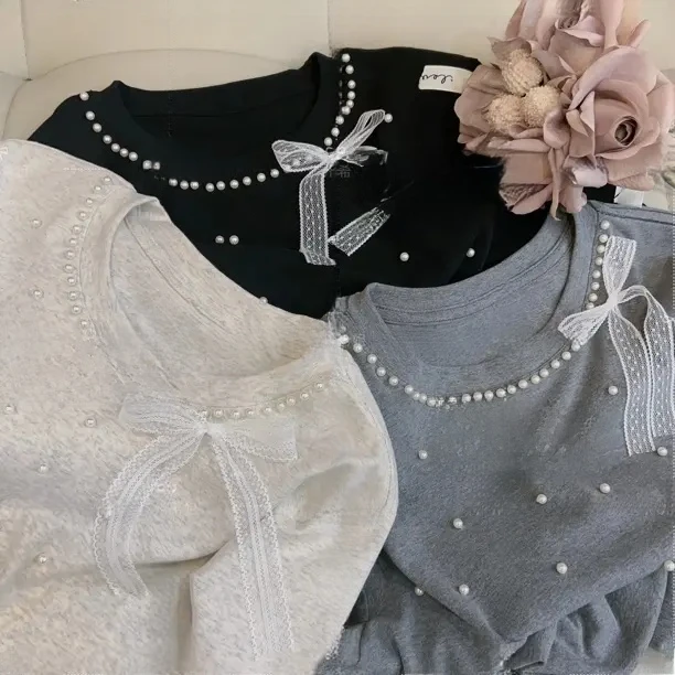 [现货]【钉珠蕾丝】蝴蝶结减龄ins夏季短袖T恤打底衫女春夏半袖
