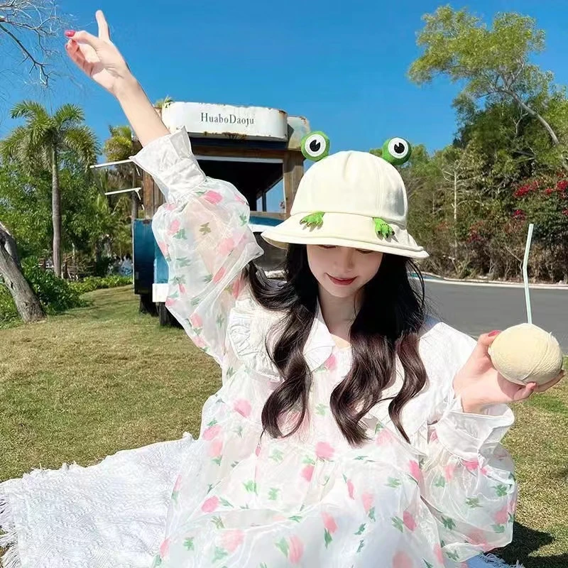 渔夫帽女春夏季户外海边出行遮阳帽子大头围日系可爱青蛙盆帽