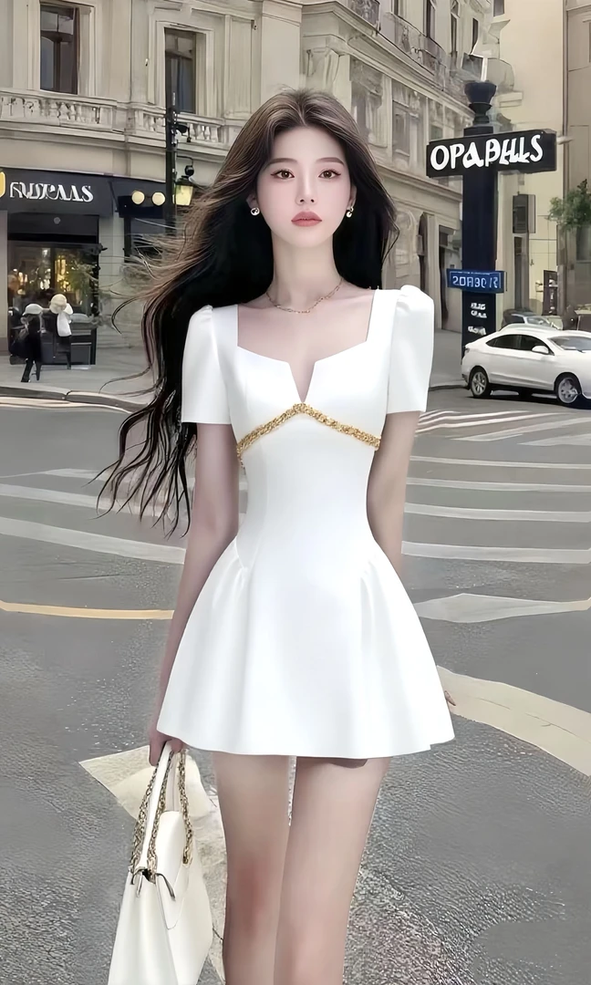 轻奢优雅高级气质白色方领短袖收腰连衣裙女温柔知性风时尚女装