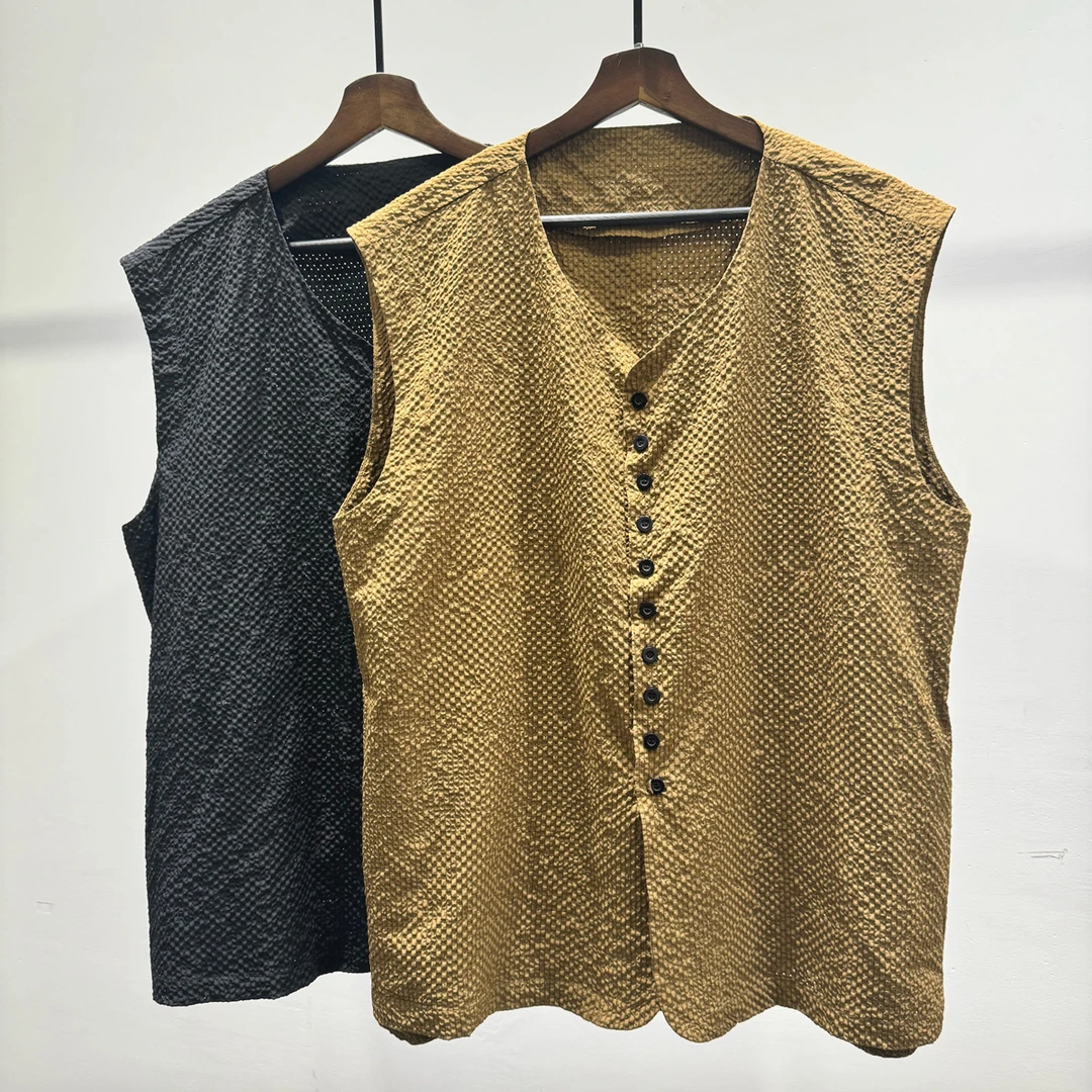 男士潮流韩版多纽扣设计透气坎肩衬衫夏季老钱风破洞百搭无袖上衣