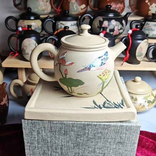 建水紫陶堆雕刻绘茶壶复烧全品119号180cc