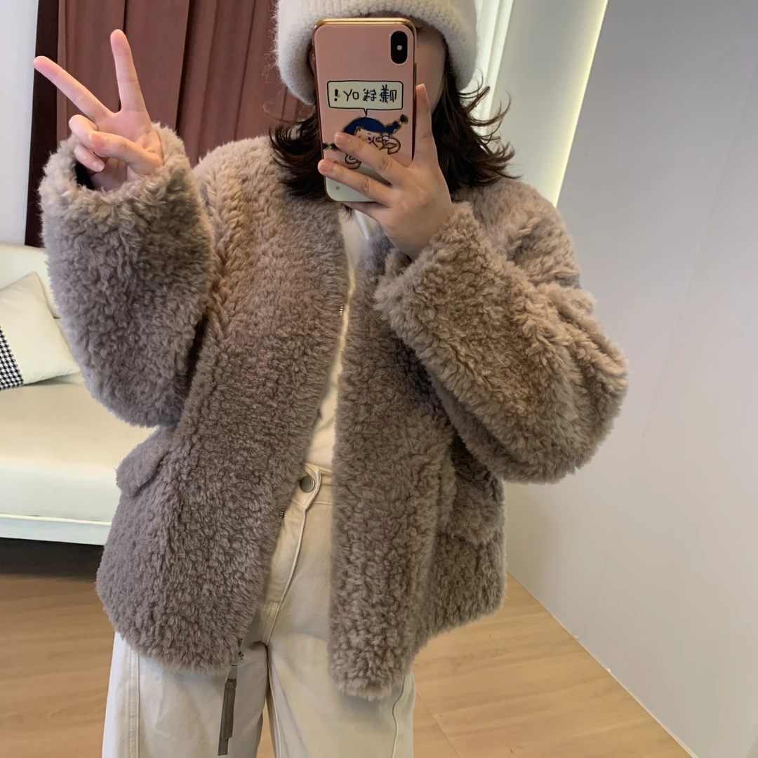 海宁100颗粒羊毛一体拉链短款潮流时尚感宽松外套女2585