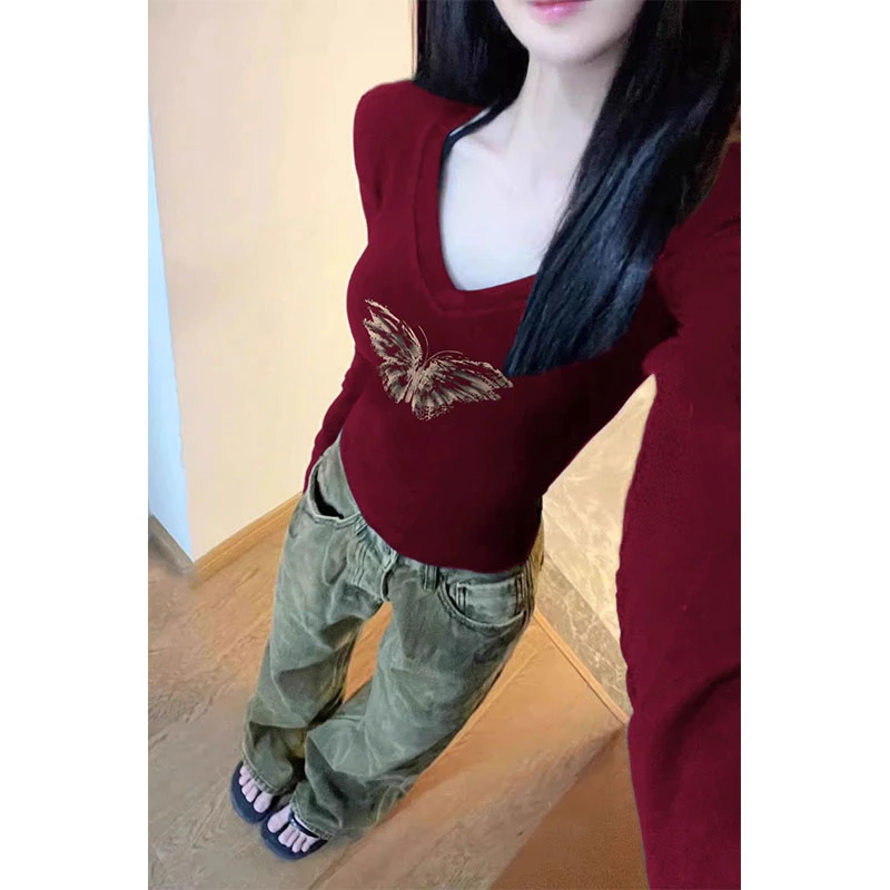 美式bm甜辣妹V领打底衫上衣女春秋季小众别致蝴蝶印花修身长袖t恤
