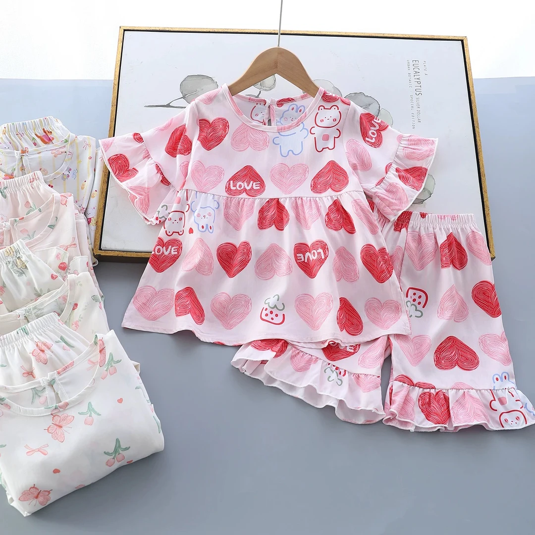 女童棉绸短袖睡衣夏季套装夏装薄款儿童小女孩宝宝短袖短裤两件套