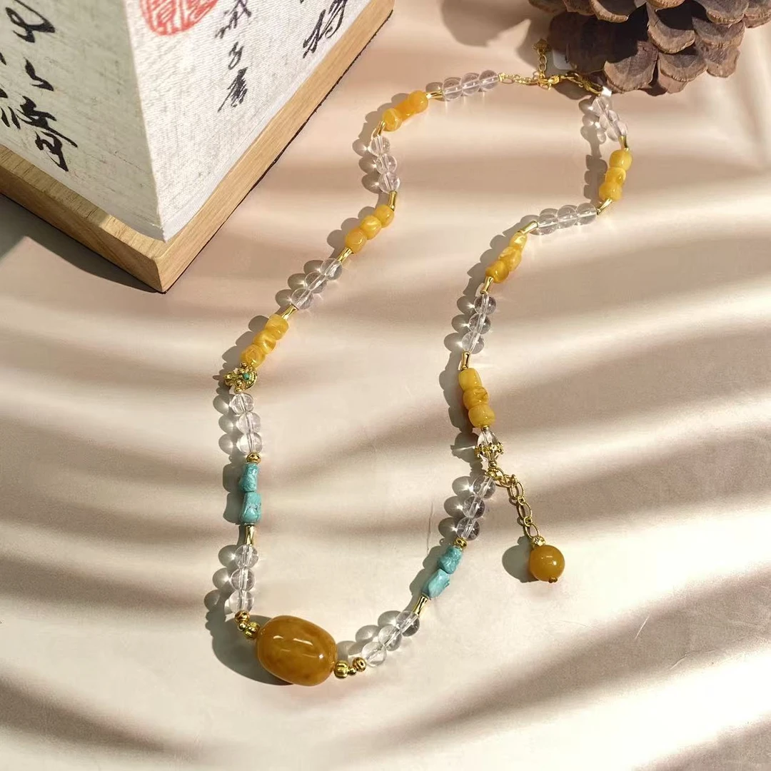 【珊丽】蜜蜡枣珠原矿绿松石diy项链