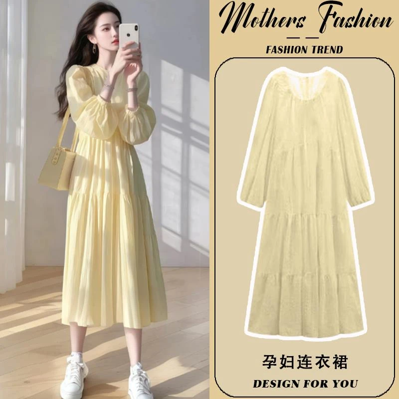 时髦孕妇装韩版显瘦连衣裙夏2025新款黄色宽松遮肚法式温柔孕妇裙