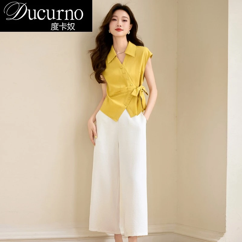 轻熟风时尚套装女夏季新款设计感收腰衬衫上衣阔腿裤九分裤两件套
