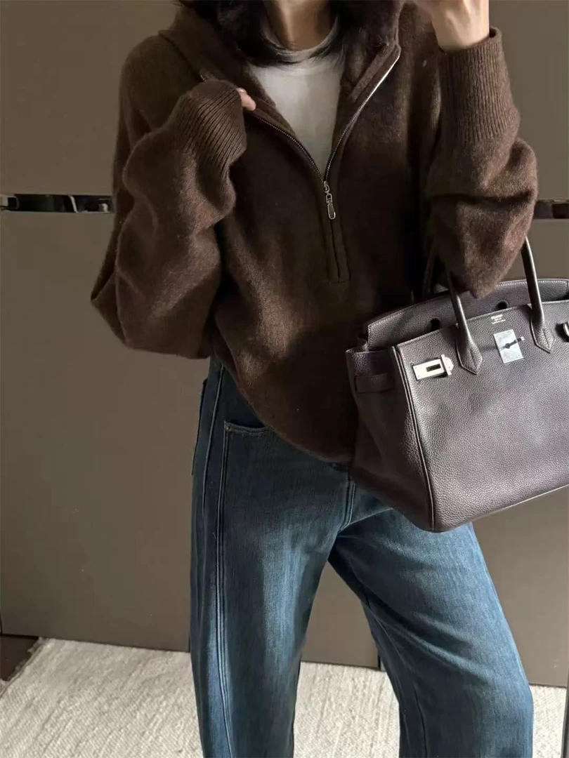 自留推荐 进口面料 珍奢8950连帽半拉链两色毛衣开衫