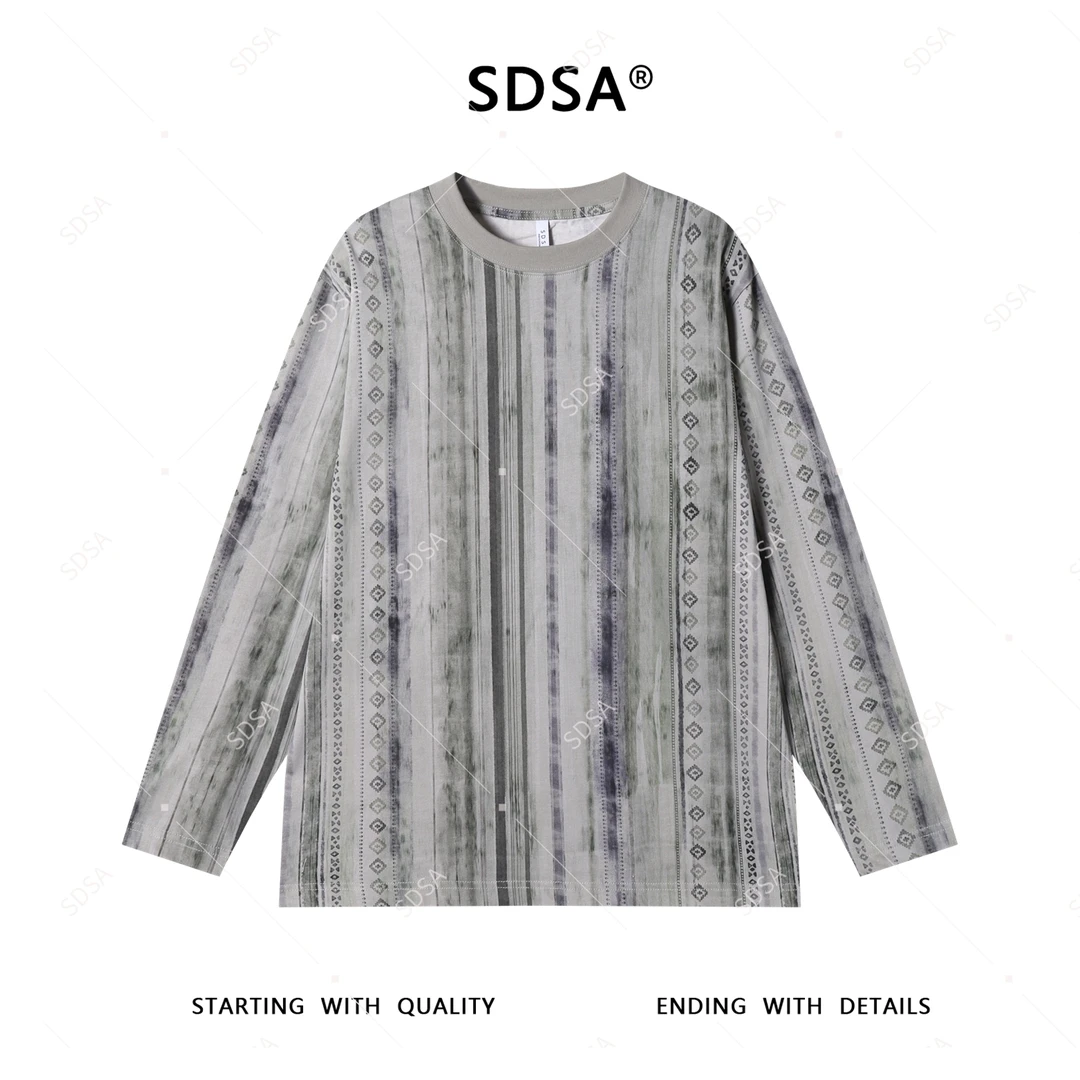 SDSA秋季新款男士痞帅小众撞色竖纹设计圆领长袖T恤宽松简约上衣