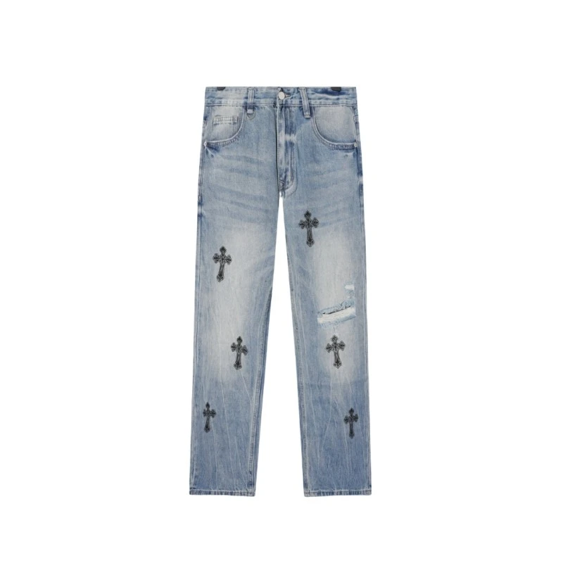 复古长裤纽扣高街复古宽松牛仔裤男款直筒春夏印花裤子做旧