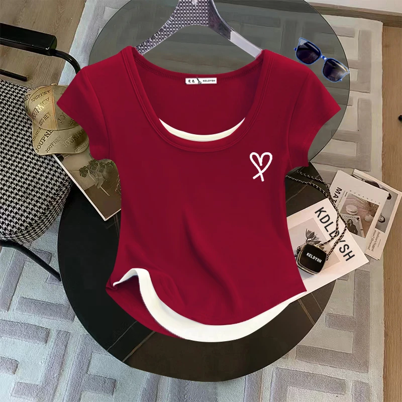 U领短袖t恤女2025夏季新款小个子修身正肩弧形短款假两件印花上衣