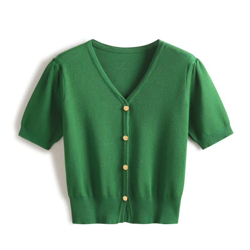 绿色V领短袖开衫女春夏季新款气质修身短款针织衫金属扣韩版上衣