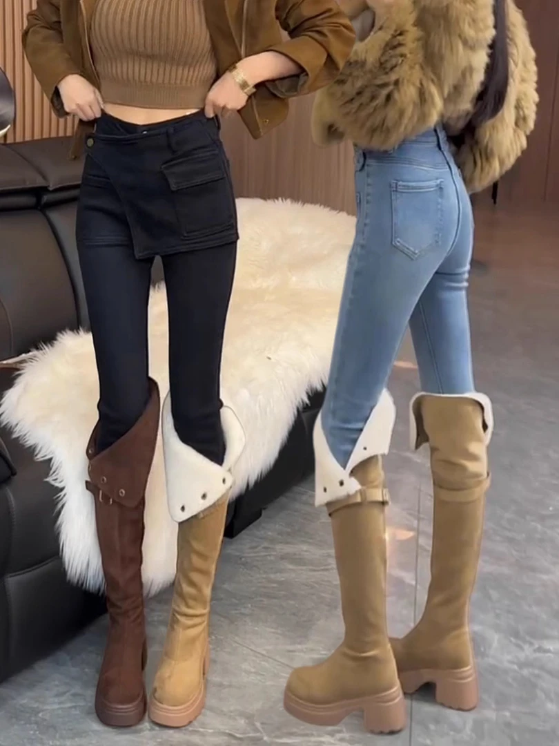 2025秋冬新款加绒假两件小脚牛仔裤女大码高腰显瘦弹力九分铅笔裤