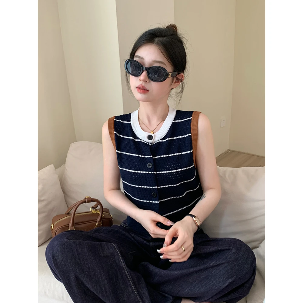 韩系百搭高级感撞色条纹马甲上衣女夏季时尚镂空短款小众无袖背心