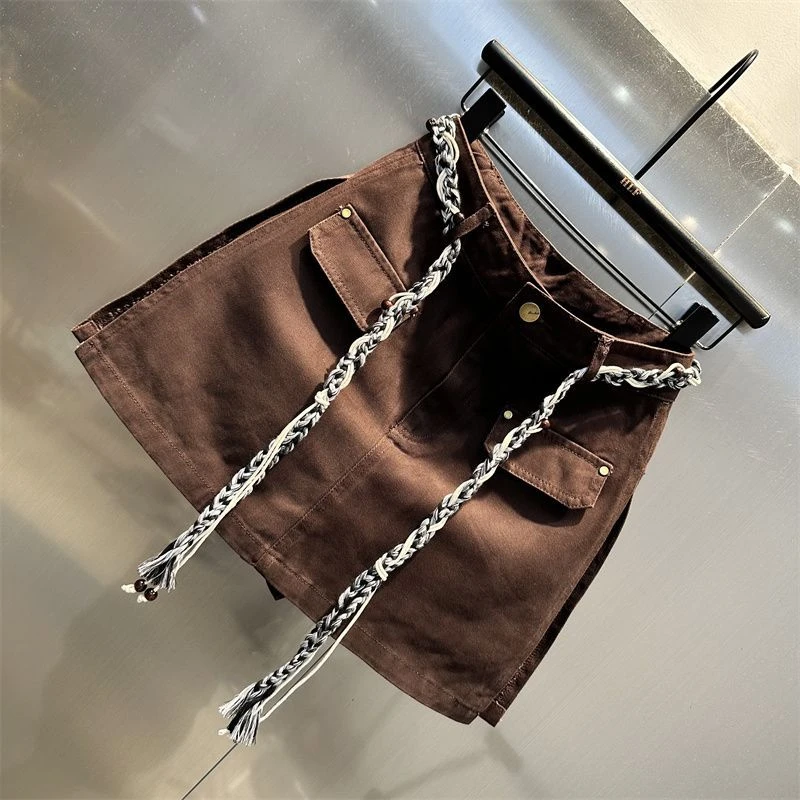 高腰防走光显瘦双开叉半身裙2025早秋冬季辣妹小众设计A字咖啡色