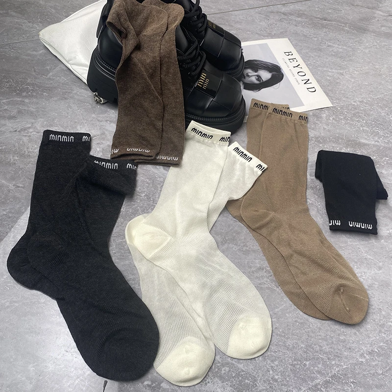 欧美新款慵懒风春夏薄棉灰色字母刺绣中筒堆堆袜子女中筒百搭韩版