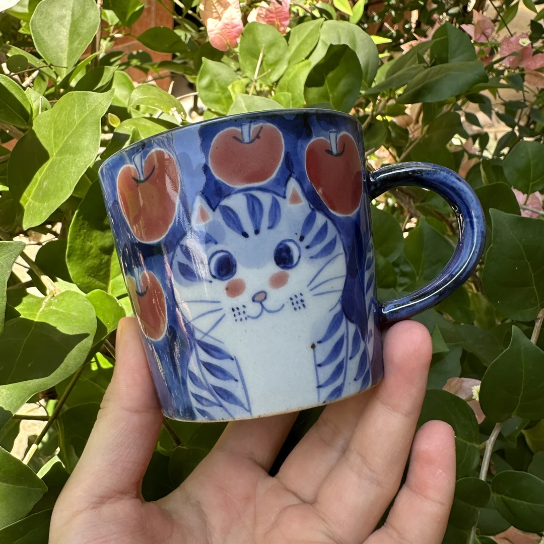 【近山古美】红苹果猫把手杯手工手绘釉下彩高温瓷