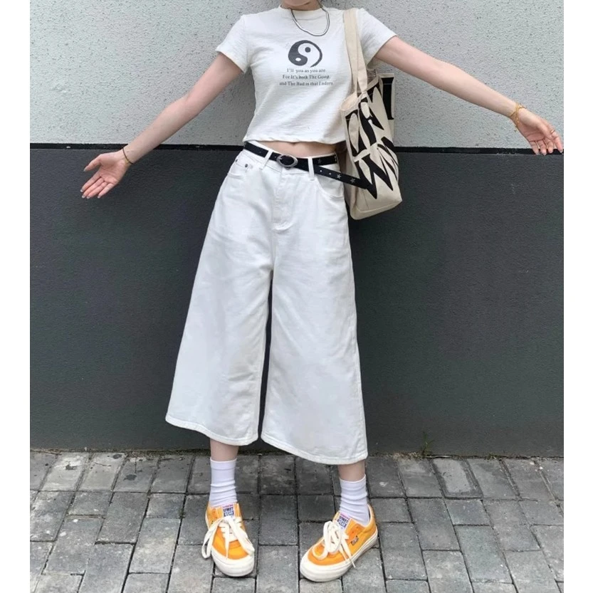 透气不闷热七分裤纯白色牛仔裤显高百搭宽松垂感显瘦阔腿裤子