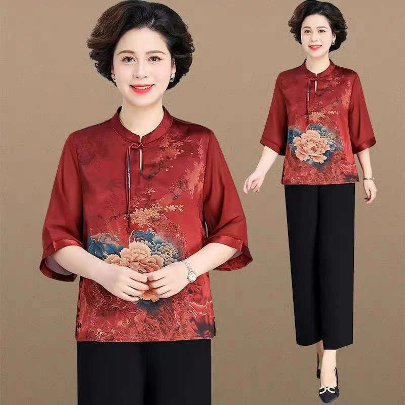 9240-夏季新款立领中老年妈妈套装休闲时尚中袖一套C21-1-4