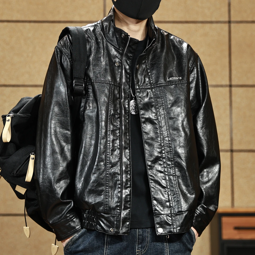高品质立领简约时尚百搭帅气外套PU皮衣舒适夹克男士新款潮流秋季