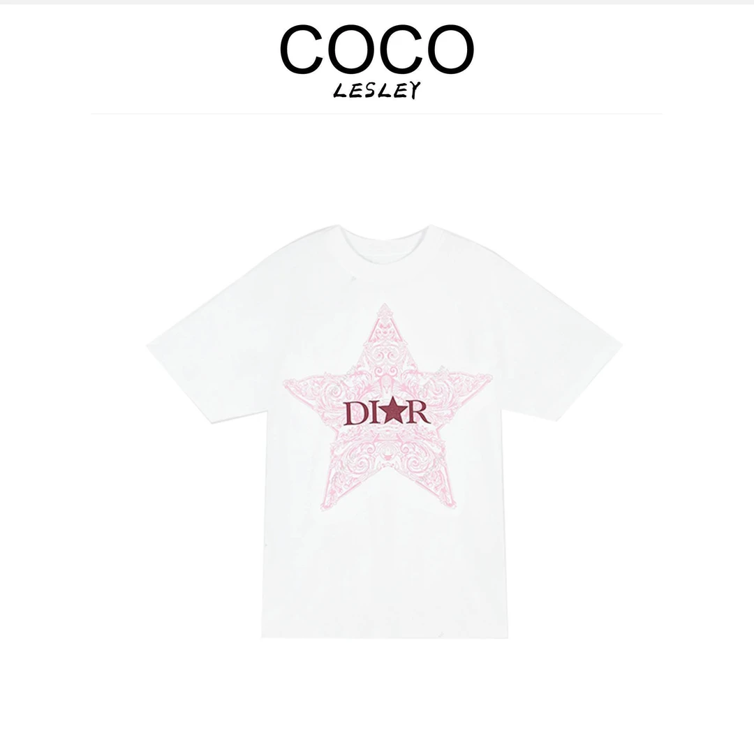 {CoCoLesly}夏天宽松印花休闲男女同款百搭圆领落肩白色短袖DD