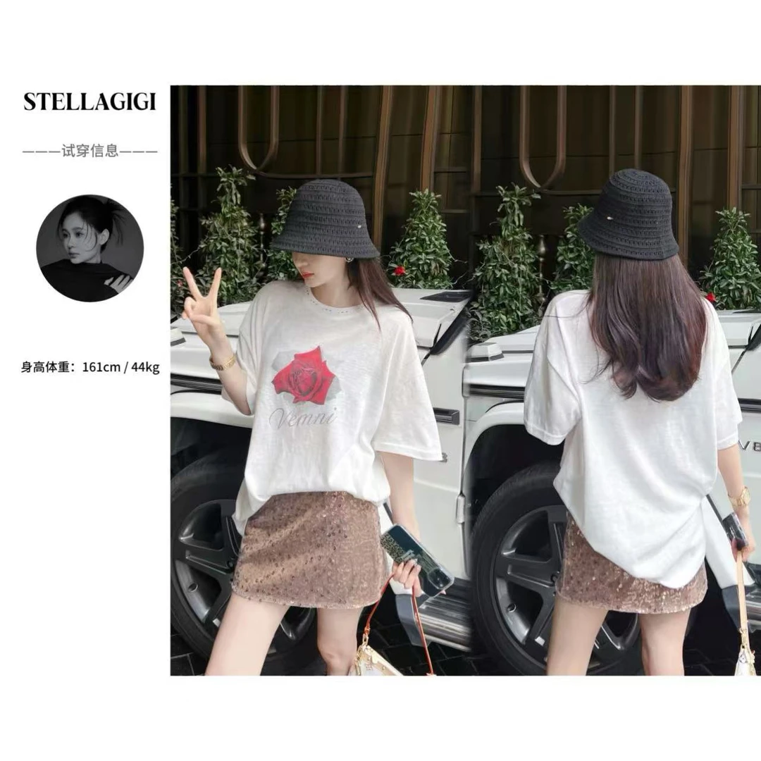 SG / 郭幂幂 SS 复古风 3D感玫瑰花领口针孔短袖T-20250305