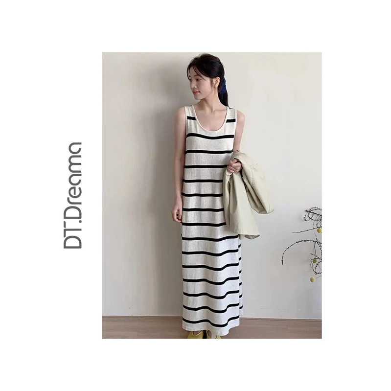夏长款休闲舒适条纹背心裙宽松懒人气质舒适连衣裙中长裙女夏季
