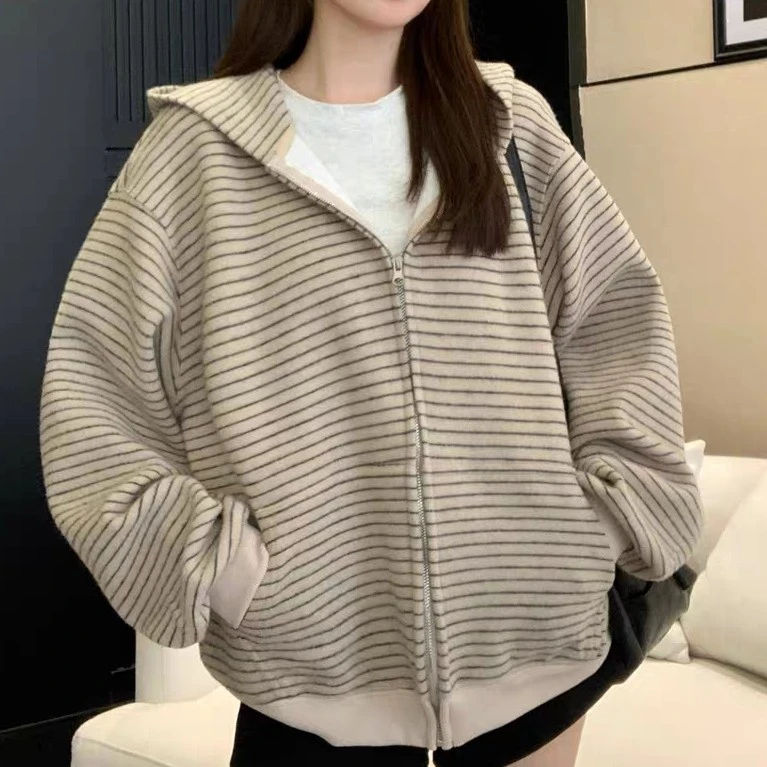 美式复古连帽针织外套女秋季慵懒风宽松条纹撞色开衫百搭上衣