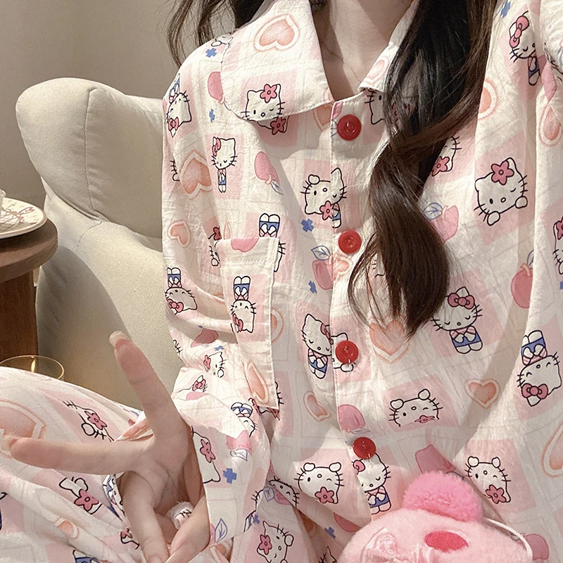 桃心心kitty带胸垫睡衣女款春秋2025年新款秋冬季甜妹感家居服夏