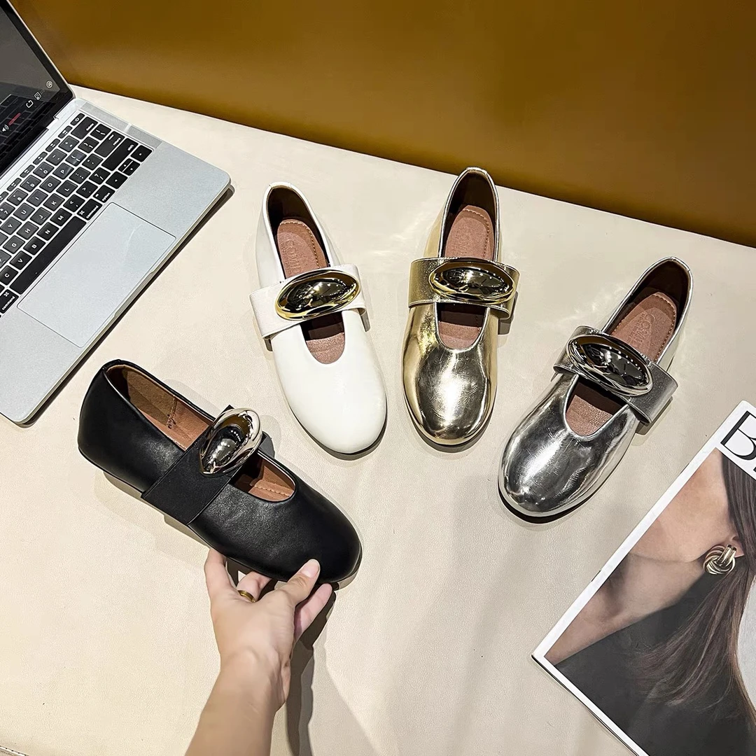 新疆一脚蹬芭蕾鞋2025新款黑色小皮鞋金属扣带玛丽珍单鞋179-5