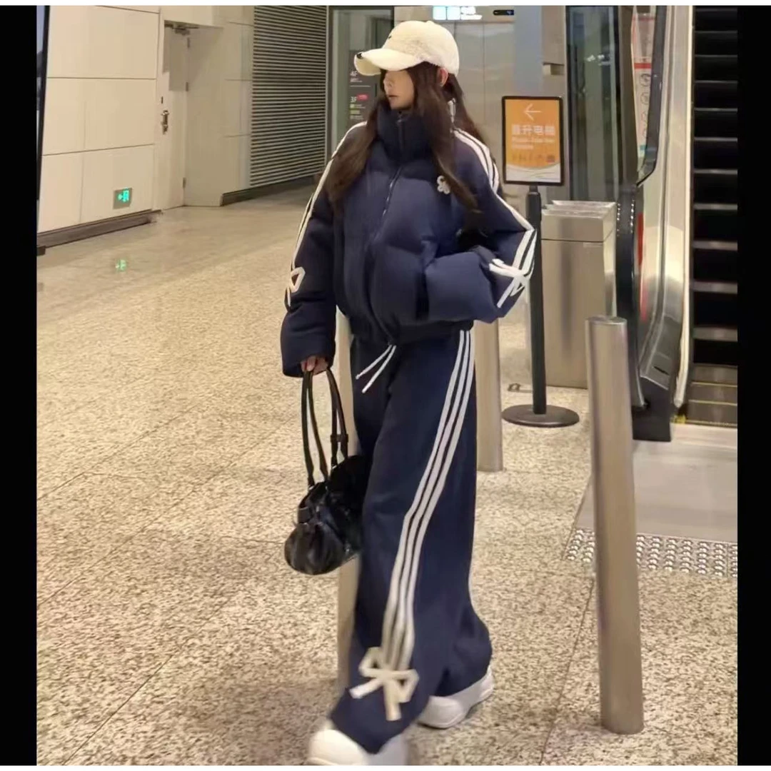 时尚套装女慵懒风休闲风时尚套装秋冬卫衣棉服百搭蓝色情侣立领