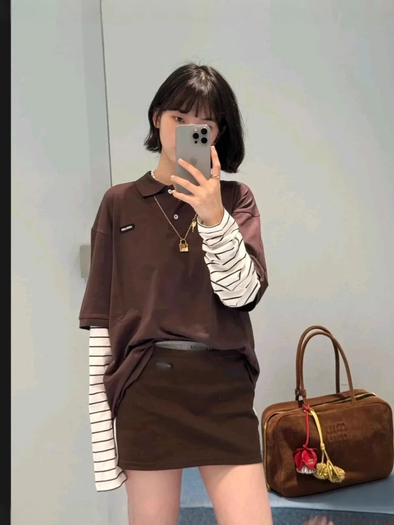 学院风长袖Polo条纹衫女2025新款早秋宽松休闲T恤