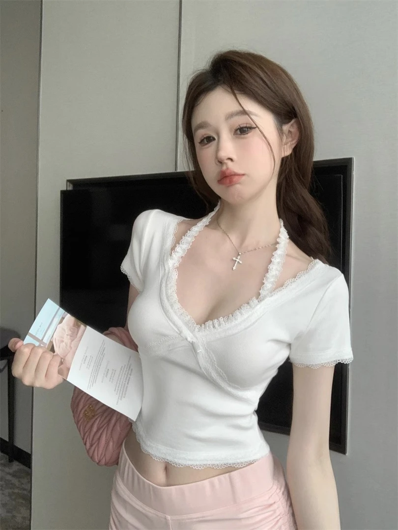 蕾丝花边挂脖上衣女纯欲辣妹V领短袖设计感修身性感短款蝴蝶结T恤