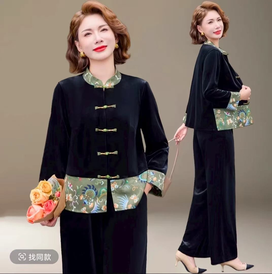 妈妈秋装金丝绒套装新中式国风中老年春秋款外套女奶奶秋季上衣服
