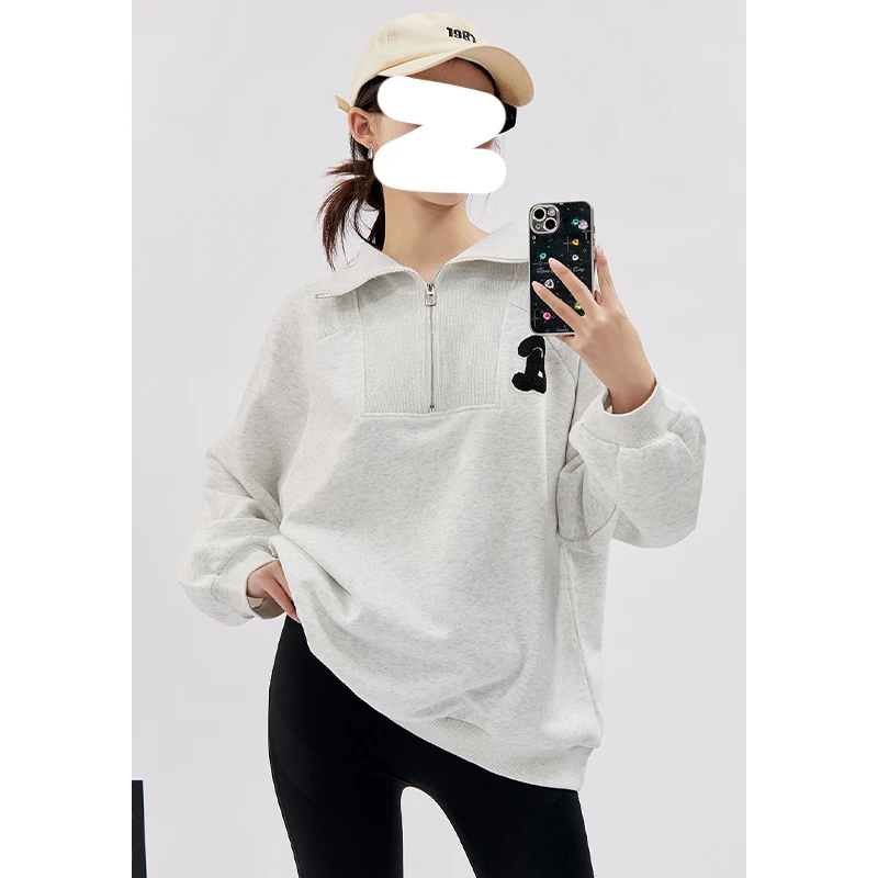 大码200斤气质港风正肩半拉链加绒翻领宽松长袖卫衣女显瘦上衣潮