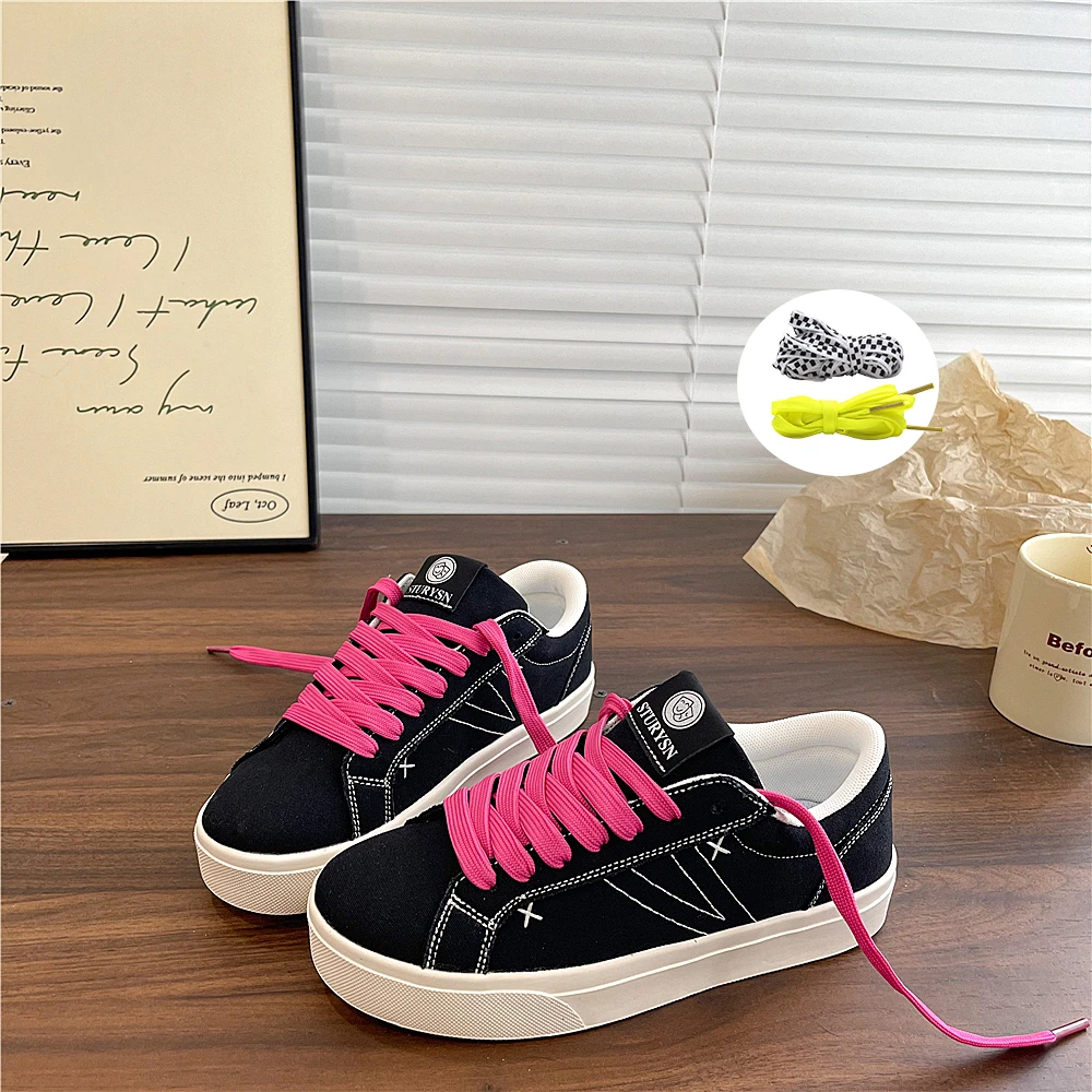 3色鞋带帆布鞋女爆款滑板面包鞋2025夏季新款百搭学生黑色运动鞋