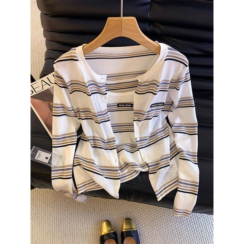 固质撞色条纹针织吊带背心女2025秋季款休闲薄款长袖防晒开衫套装