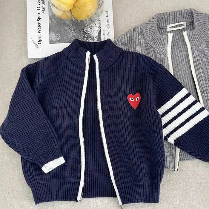 儿童开衫外套毛衣中大童春秋新款加厚拉链衫刺绣针织打底衫学院风