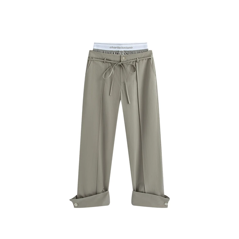 Charlie Luciano双腰头系带字母标识西装长裤女潮牌宽松休闲裤