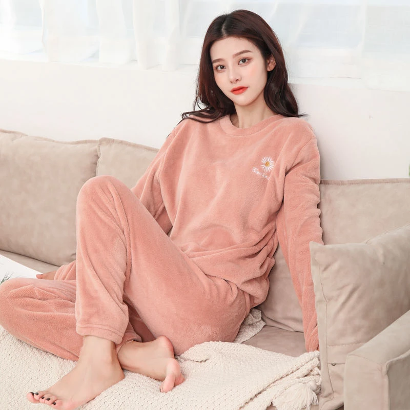 女士法兰绒长袖保暖套头睡衣加肥宽松家居服上衣加大码套装女士