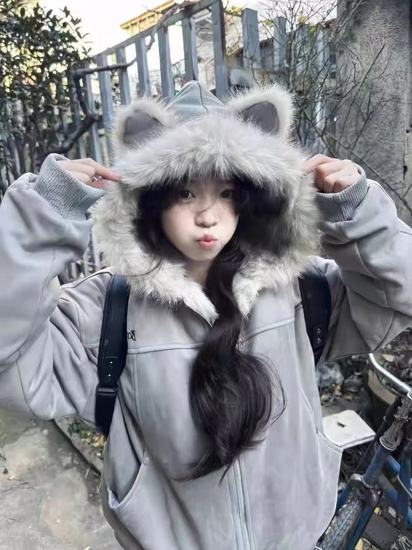 座山雕猫耳朵毛领连帽棉服女冬季新款美式短款麂皮毛绒加厚外套