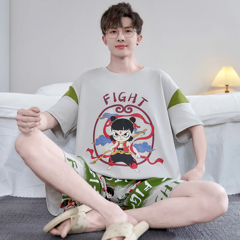 夏季男款睡衣纯棉短袖卡通男士加大码学生青少年可外穿家居服套装