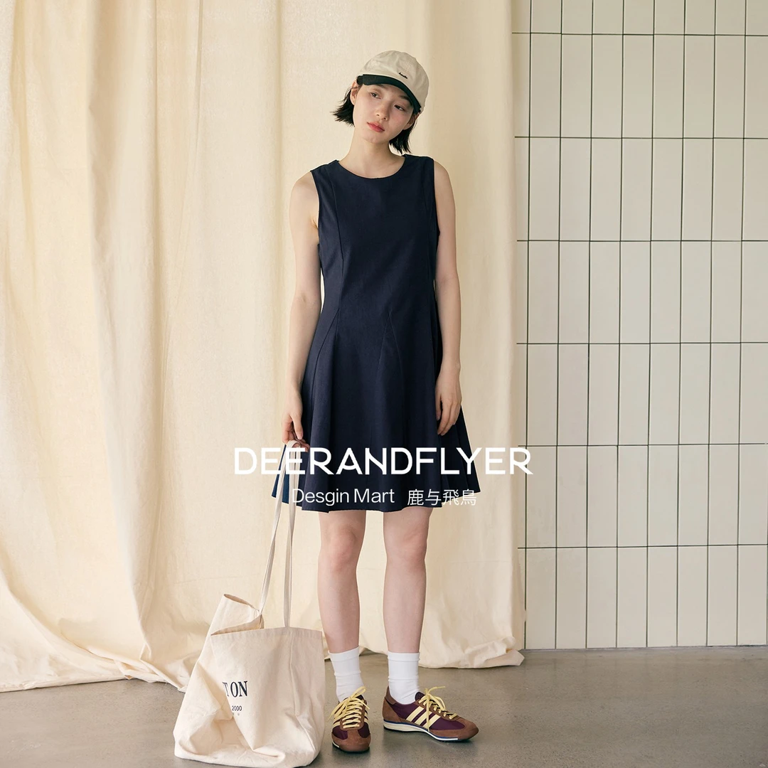 鹿与飞鸟“心电感应”亲肤亚麻混棉肌理两色微收腰无袖连衣裙6846