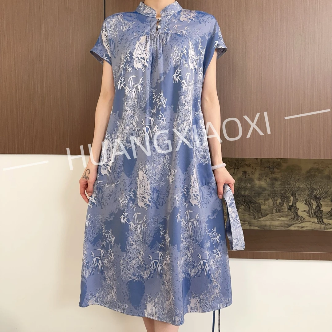 HUANGXIAOXI 清雅蓝竹林重工提花单层双面双穿小唐裙连衣裙ZF-229
