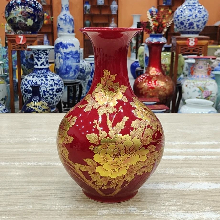 鸿轩景德镇陶瓷小花瓶客厅插花现代简约家居装饰红色花开富贵赏瓶