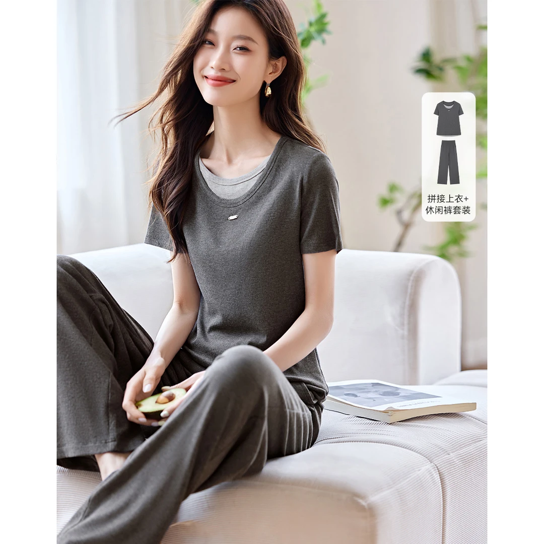 沫晗依美休闲慵懒感假两件短袖套装25夏新款撞色假两件套装9476