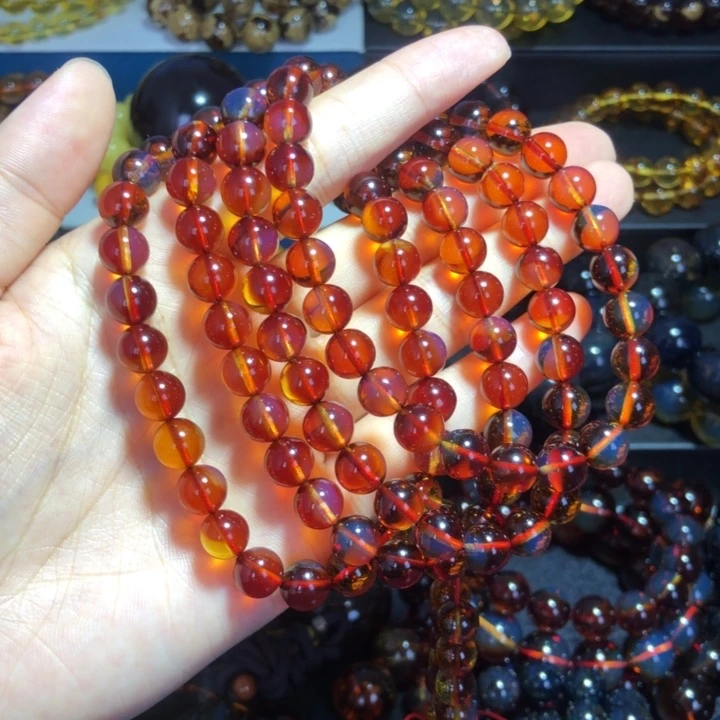 琥珀未镶嵌手链馆藏5A净水妖孽火彩红蓝珀108